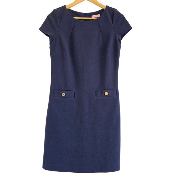 Lilly Pulitzer Dresses & Skirts - Lily Pulitzer Navy Cap Sleeve Shift Dress Size S Gold Button Retro Twee Career